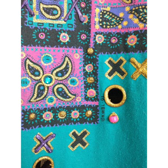 VTG 90s KWBL Los Angeles Womens Hand Painted Shirt Teal Embellished One Size - Picture 3 of 7